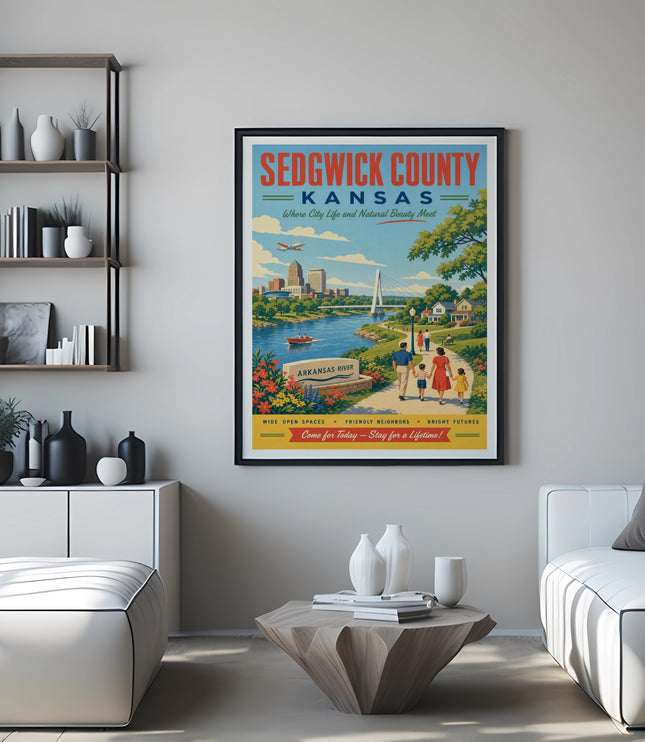 Sedgwick County, Kansas vintage travel poster featuring river and cityscape.