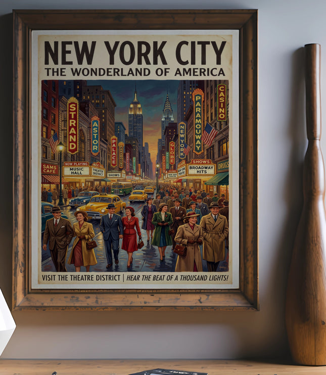 New York City poster with vintage street scene and text "The Wonderland of America."