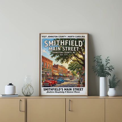 Smithfield Main Street poster featuring vintage buildings, cars, and text "Visit Johnston County".