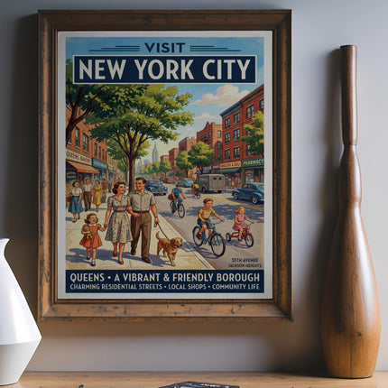 New York City vintage travel poster featuring Queens, Jackson Heights, and local shops.
