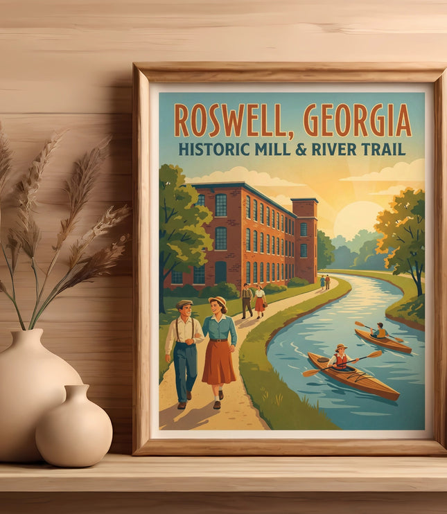 Roswell, Georgia Historic Mill & River Trail poster with people walking and kayaking.