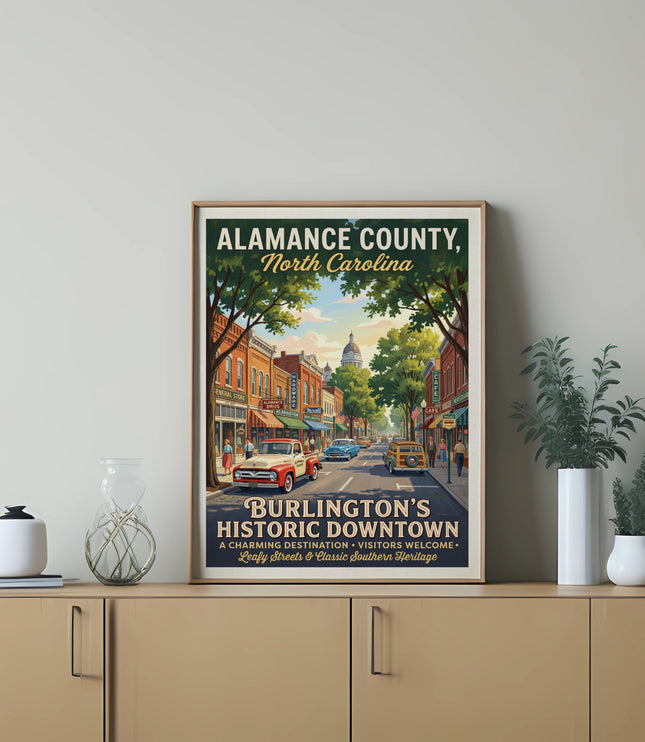 Vintage poster of Alamance County, NC, showing Burlington's historic downtown with cars and buildings.
