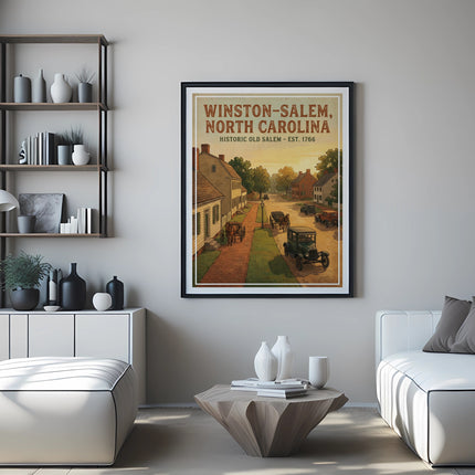 Winston-Salem North Carolina Historic Old Salem Est. 1766 poster with vintage street scene.
