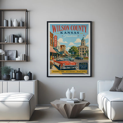 Framed vintage poster for Wilson County, Kansas, featuring a red car and downtown buildings.