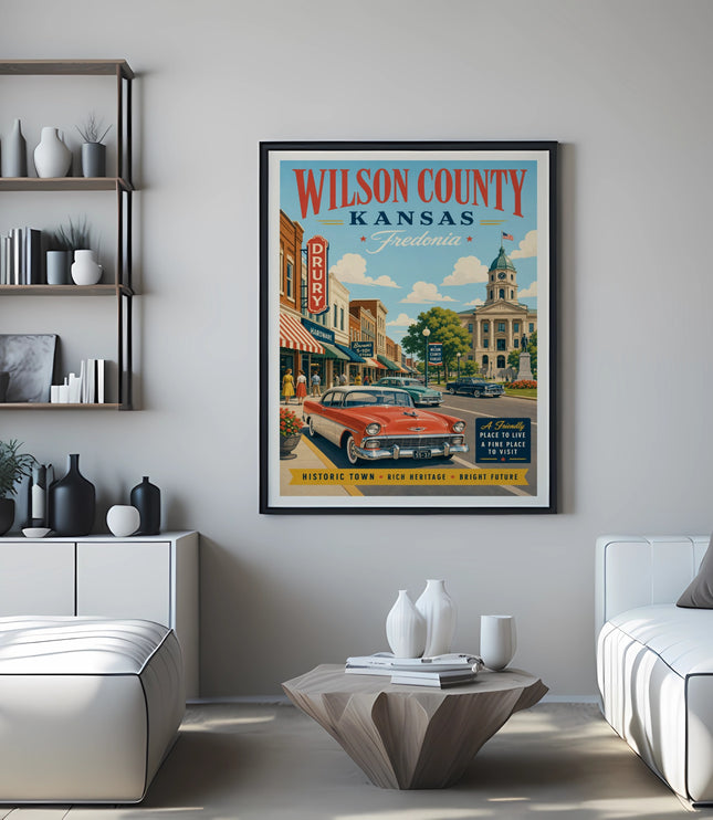 Framed vintage poster for Wilson County, Kansas, featuring a red car and downtown buildings.
