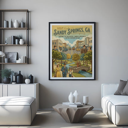 Retro poster for Sandy Springs, GA, featuring a bridge over a river and cityscape.