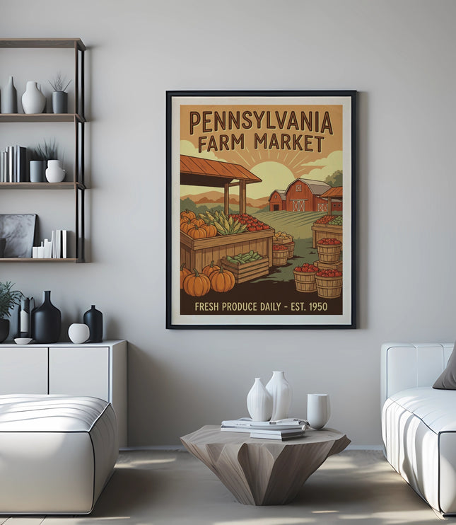 Pennsylvania Farm Market poster featuring produce and barn scene.