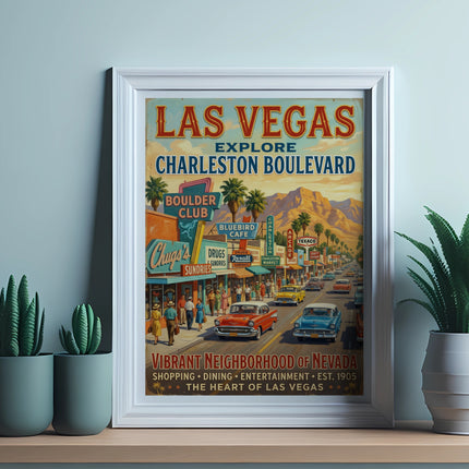 Vintage Las Vegas Charleston Boulevard poster featuring classic cars and shops.