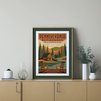 Vintage Pennsylvania Retirement Lake & Mountain Escape poster with cabin and rocking chairs.