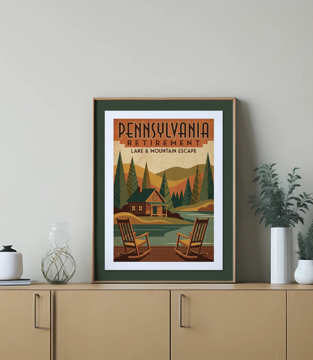 Vintage Pennsylvania Retirement Lake & Mountain Escape poster with cabin and rocking chairs.