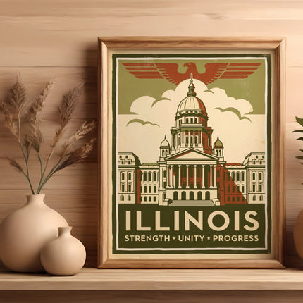 Framed Illinois state capitol building illustration with "ILLINOIS STRENGTH UNITY PROGRESS" text.
