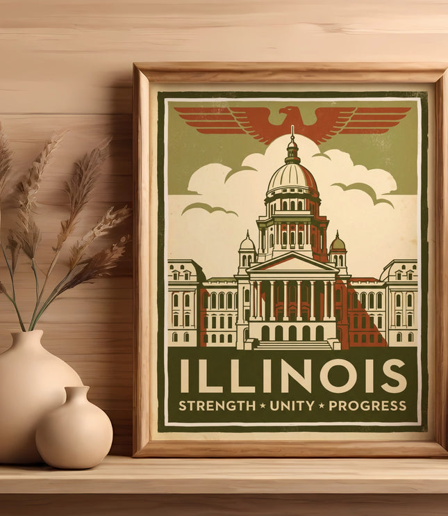 Framed Illinois state capitol building illustration with "ILLINOIS STRENGTH UNITY PROGRESS" text.
