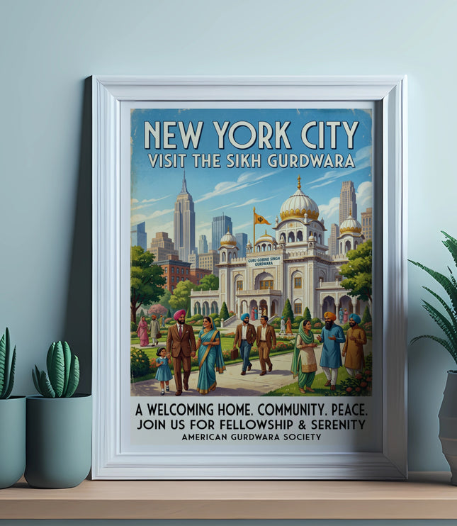 New York City Visit the Sikh Gurdwara poster with building and people.