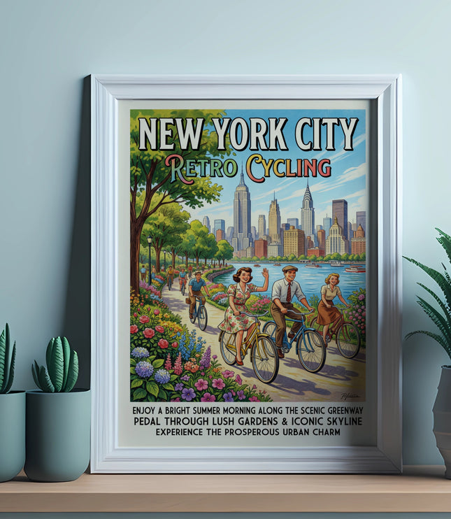 New York City Retro Cycling poster featuring cyclists along a scenic greenway and skyline.