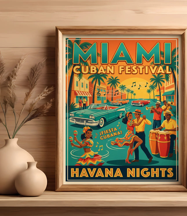 Miami Cuban Festival "Havana Nights" poster with dancing and musicians.