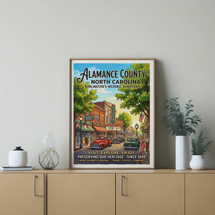 Alamance County North Carolina historic downtown poster with shops and classic cars.