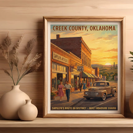 Vintage "Creek County, Oklahoma" poster with Route 66 scene, antique truck, and couple.