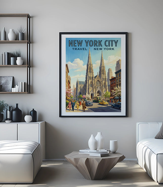 New York City Travel poster with cathedral and street scene in midtown.