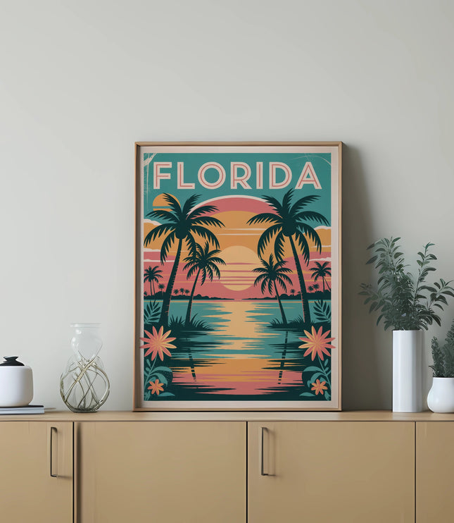 Framed Florida poster with palm trees, sunset, and water, featuring a retro travel art style.