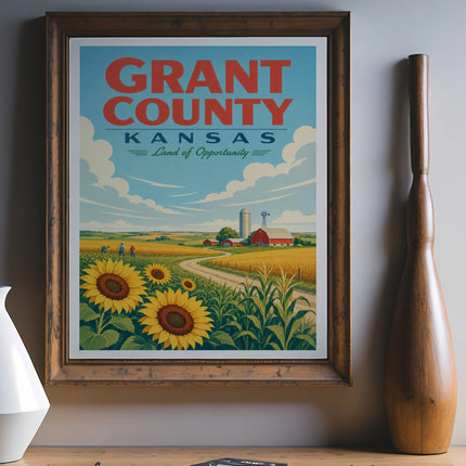 Grant County Kansas: Land of Opportunity vintage travel poster with sunflowers and farm.