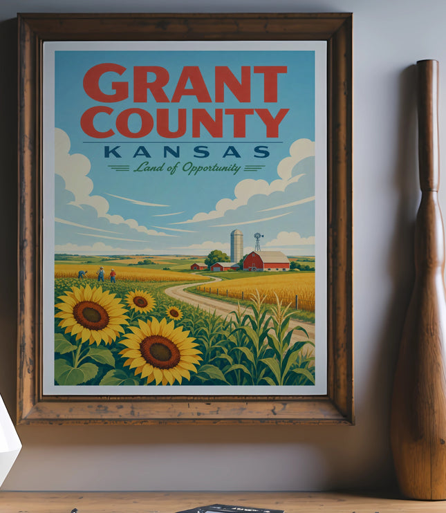 Grant County Kansas: Land of Opportunity vintage travel poster with sunflowers and farm.