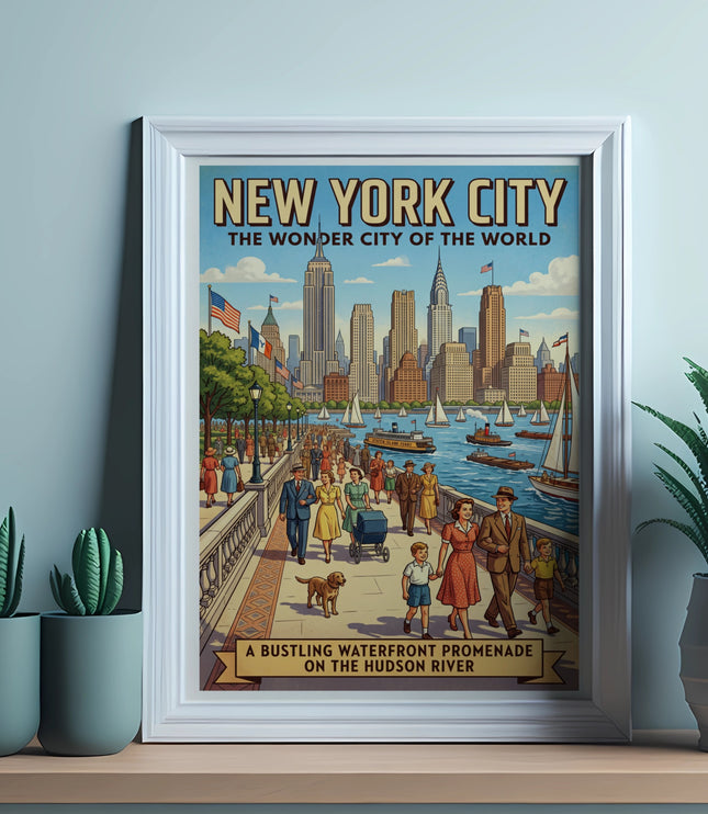 New York City vintage poster with skyline, promenade, and text about Hudson River.