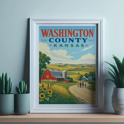 Framed poster depicting Washington County, Kansas, with a farm scene and text.