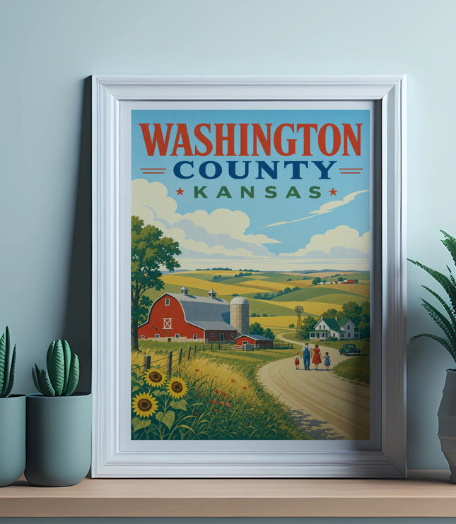 Framed poster depicting Washington County, Kansas, with a farm scene and text.