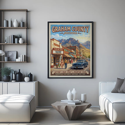 Vintage poster of Graham County Arizona with Safford's Main Street and mountains.