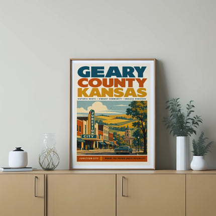 Geary County Kansas poster with "Junction City" and prairie landscape.