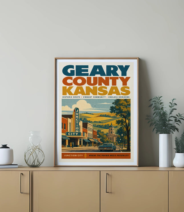 Geary County Kansas poster with "Junction City" and prairie landscape.