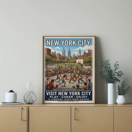 Poster of New York City basketball scene with text "Visit New York City".