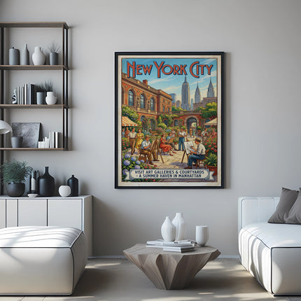 New York City art print with buildings and people, vintage style.