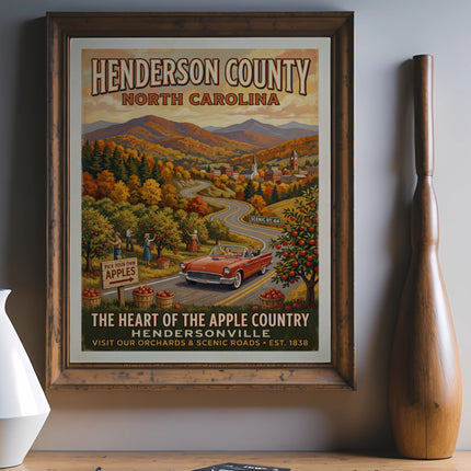 Henderson County North Carolina poster featuring apple orchards, scenic roads, and a convertible.