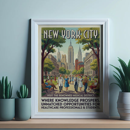New York City medical district poster with healthcare professionals and students.