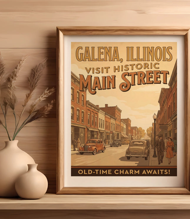 Galena, Illinois poster of Main Street with vintage cars and "Old-Time Charm Awaits!"