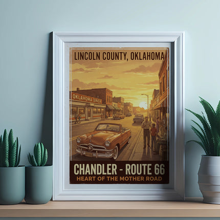 Lincoln County, Oklahoma poster featuring Chandler - Route 66 with diner and vintage car.