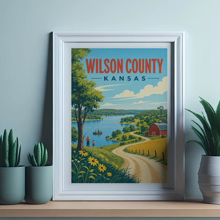 Vintage travel poster of Wilson County, Kansas with a lake, farm, and scenic landscape.