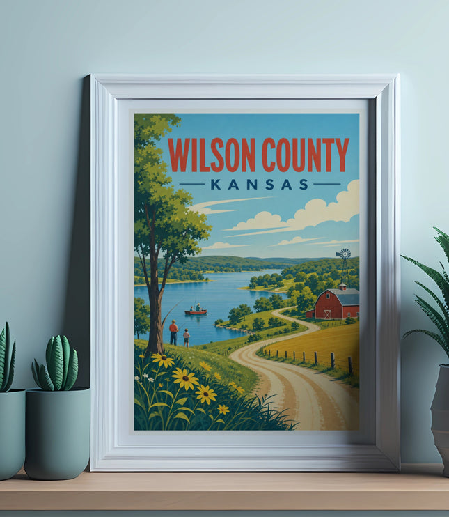 Vintage travel poster of Wilson County, Kansas with a lake, farm, and scenic landscape.