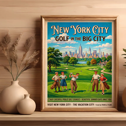 Vintage New York City golf poster with golfers, city skyline, and travel information.