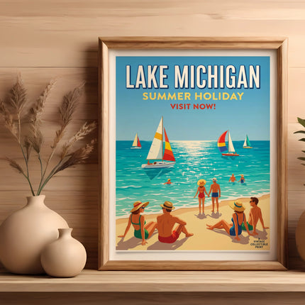 Vintage Lake Michigan summer holiday travel poster with people on beach and sailboats.