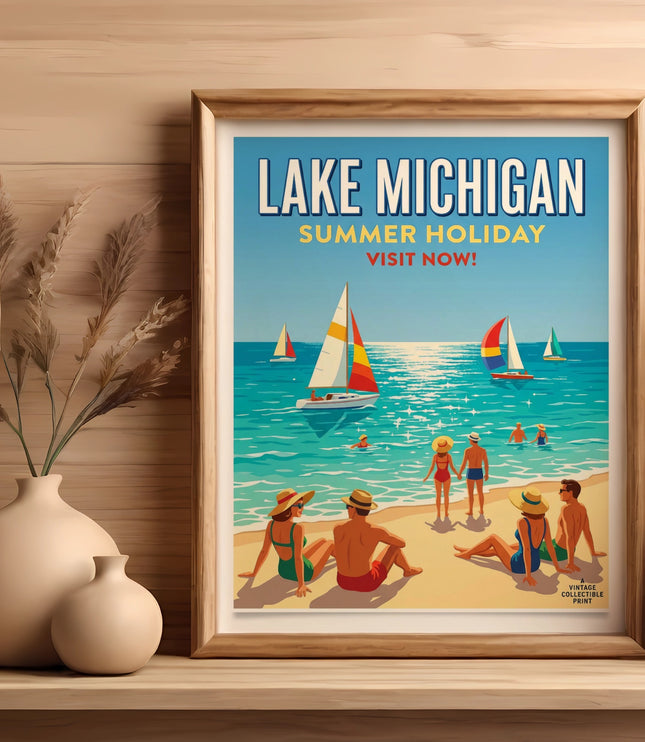 Vintage Lake Michigan summer holiday travel poster with people on beach and sailboats.