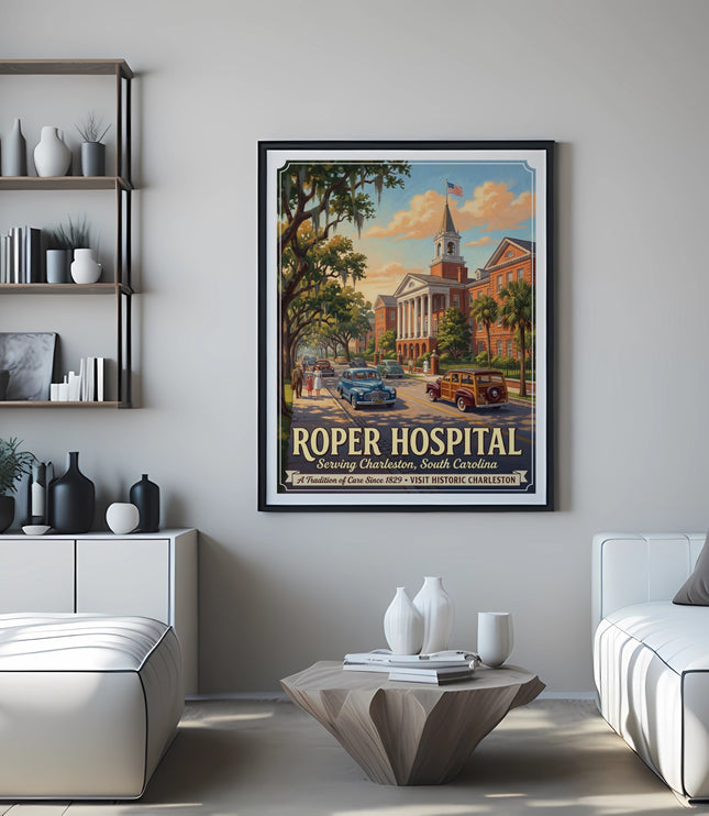 Poster of Roper Hospital in Charleston, South Carolina, 1920s style.