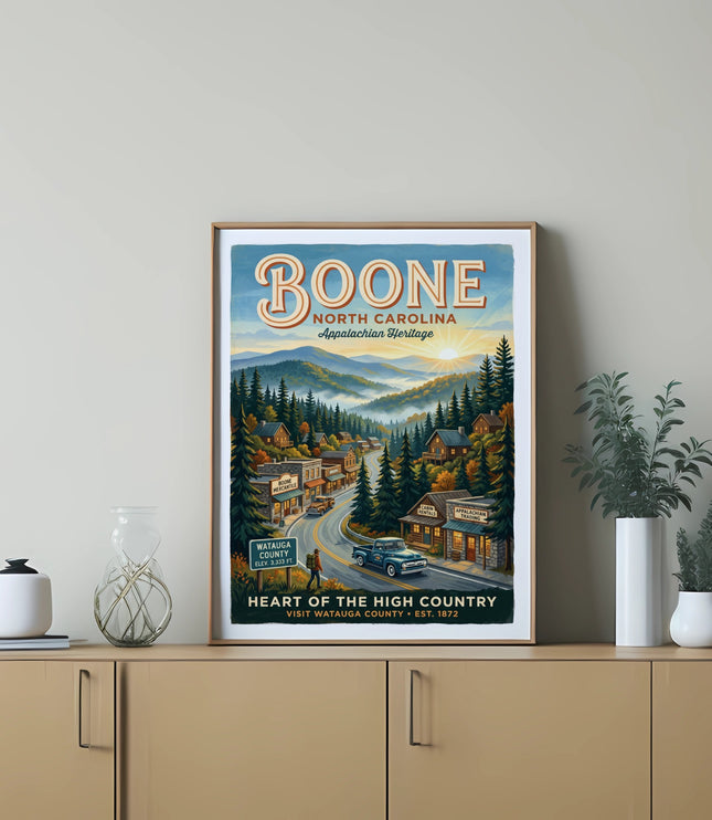 Illustrated poster of Boone, North Carolina, depicting Appalachian Heritage with mountains and a town.