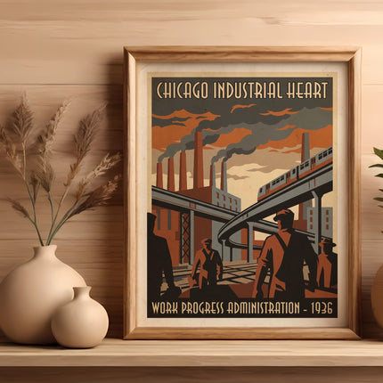 Industrial art poster depicting city skyline and workers.