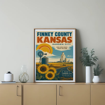 Finney County Kansas Garden City poster with sunflowers, windmill, and silos.