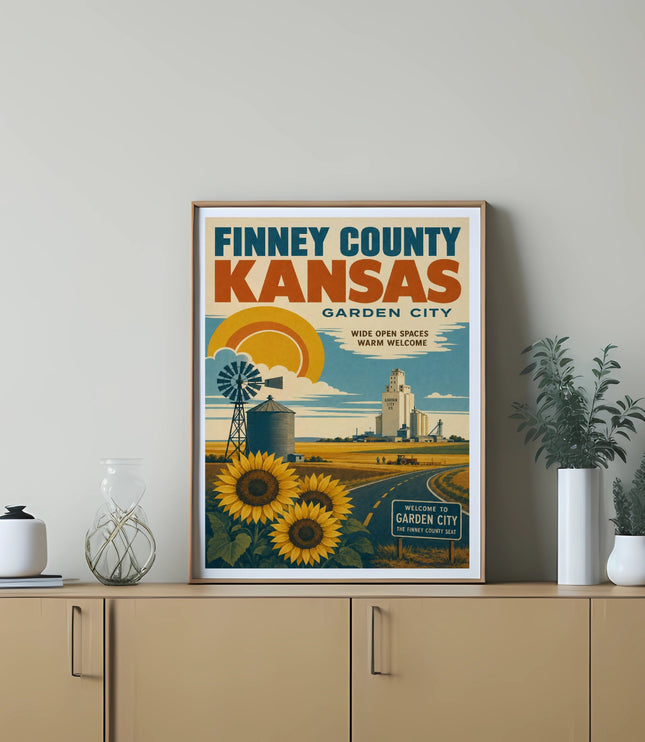 Finney County Kansas Garden City poster with sunflowers, windmill, and silos.