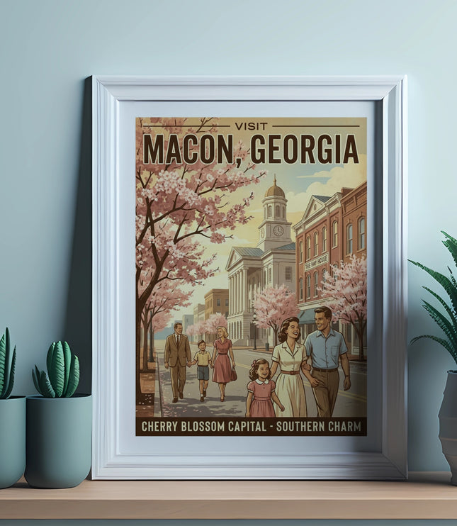 Vintage poster with family walking past cherry blossoms and the text "Visit Macon, Georgia".