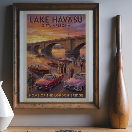 Lake Havasu City, Arizona poster featuring the London Bridge, vintage cars, and boats.