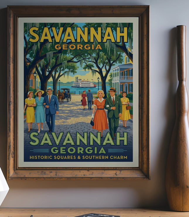 Savannah Georgia vintage travel poster with people walking by a riverboat.